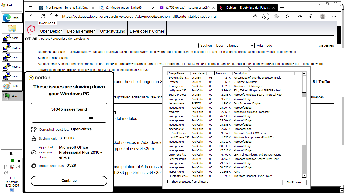 95 percent idle but Norton pretends unused Microsoft Office slows a LibreOffice-Writer computer on 16th August 2025